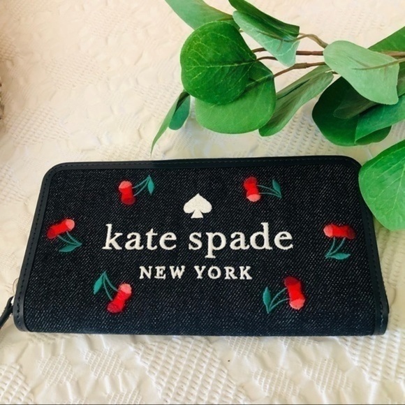 Kate Spade New York Denim Cherry Continental Wallet Zip-Around NWT - Picture 2 of 5
